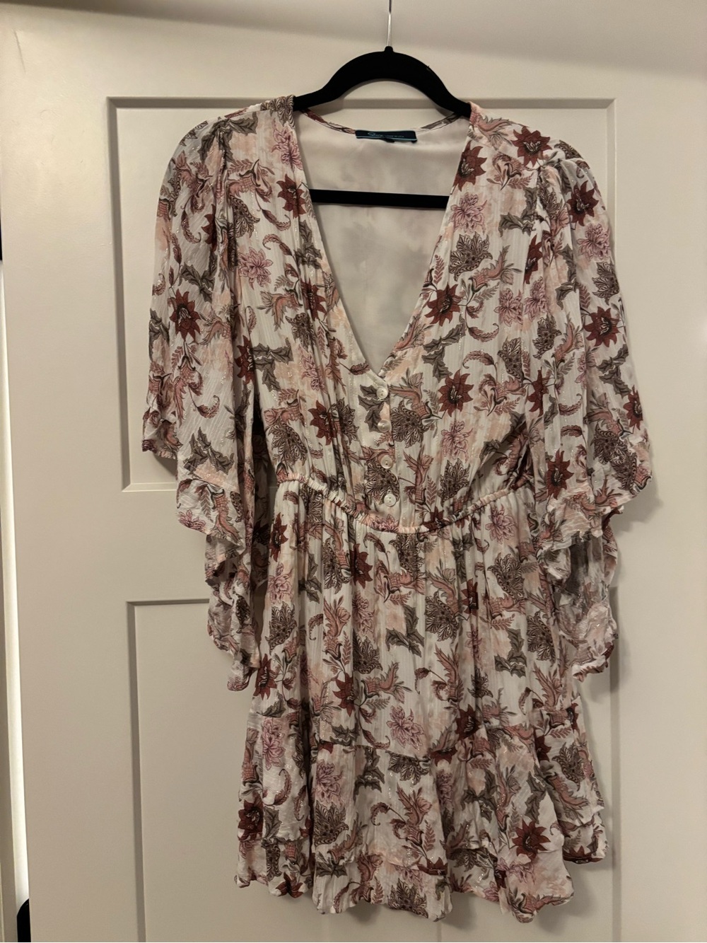 Floral V-Neck Ruffled Mini Dress - White with Pink & Brown Floral